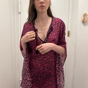 Just Cavalli Fuchsia Leopard Heart Print kaftan cover up beachwear